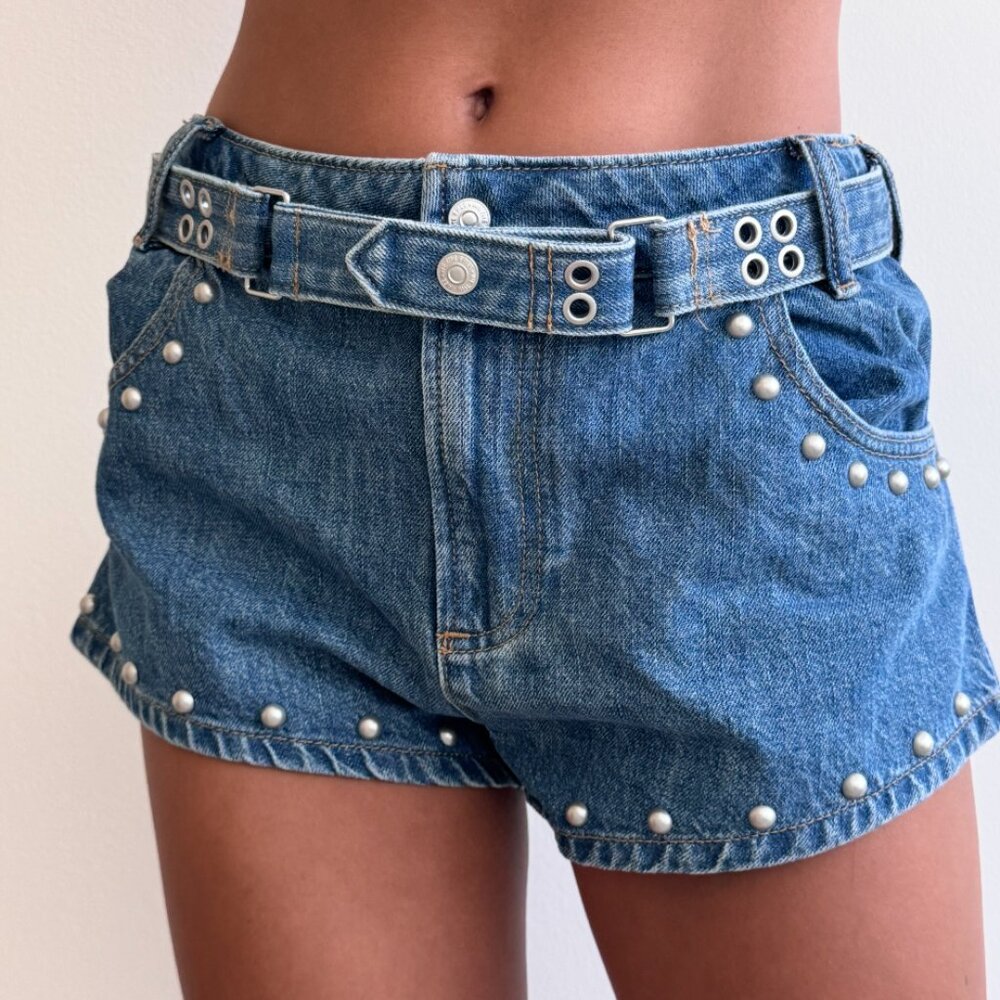Studded Denim Micro Shorts